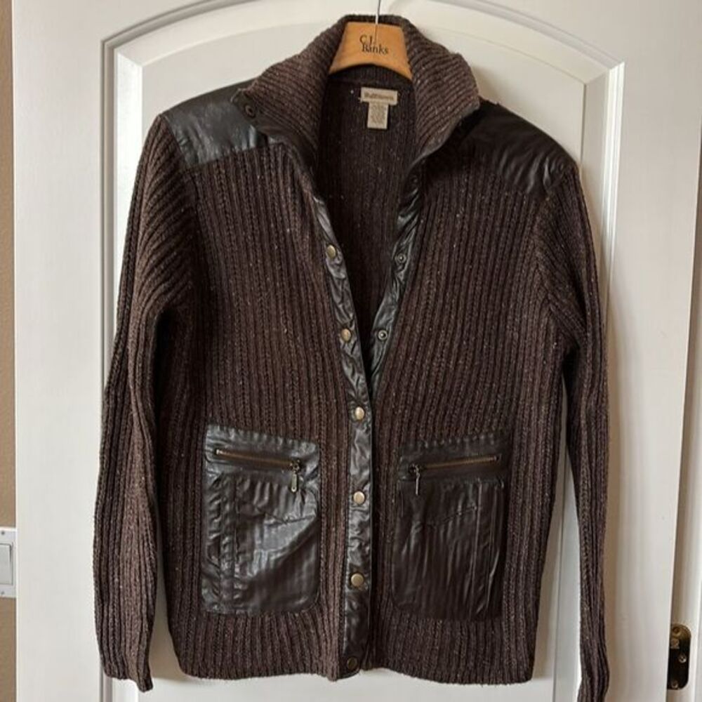 Brown Cardigan Sweater Vintage Ruff Hewn Lambswool Ramie faux leather Sz Large